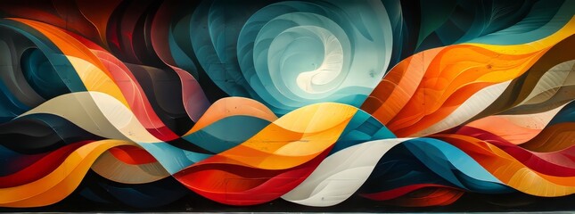 An abstract mural of undulating ribbons in a harmony of warm and cool tones, creating a visual symphony of color and movement.
