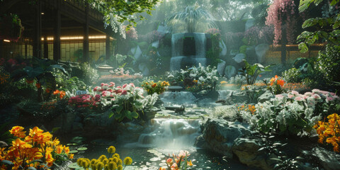 a garden with smart flowers that open and glow in response to the meditators' calm, promoting a deep meditative state.