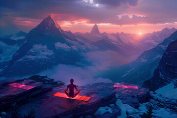 a mountaintop yoga session where the mats have glowing edges, highlighting the connection between earth and practitioner.