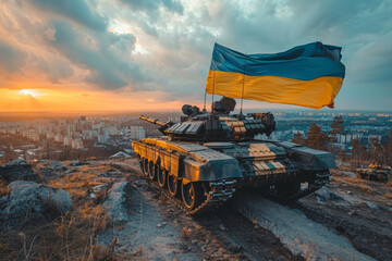 A tank runs over the Russian flag on a bright sunny day. The flag of Ukraine is installed on the tank. - obrazy, fototapety, plakaty