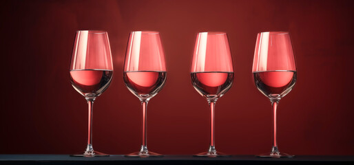 Line of wine glasses neatly displayed on red background