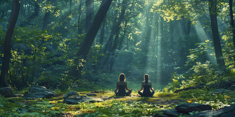 a forest clearing with smart trees that emit a gentle, therapeutic glow, harmonizing with the yoga...
