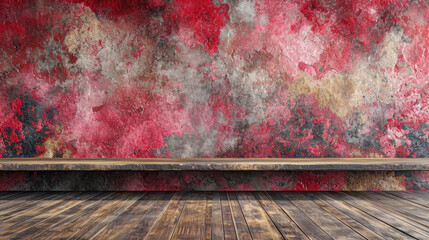 bench against  with red and grey aged  wall, wooden floor, and copy space - obrazy, fototapety, plakaty