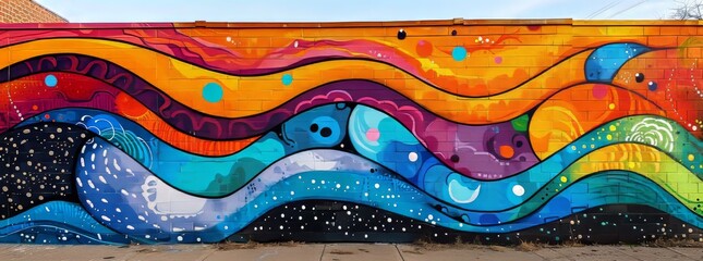 Vibrant abstract mural featuring waves and bubbles in a myriad of colors on a brick wall. - obrazy, fototapety, plakaty