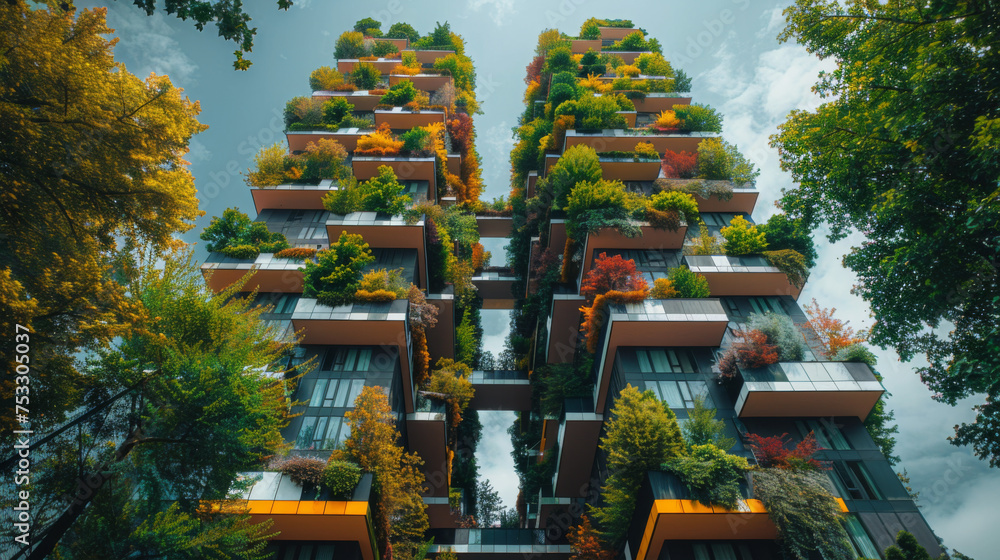 Poster modern and ecological skyscrapers with many trees on each balcony. bosco verticale. modern architect