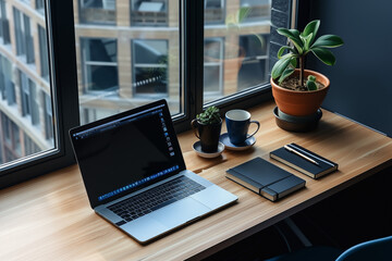 Fototapeta premium Modern workspace with laptop, coffee, and plant by the window