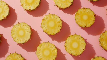 Tropical Pineapple Slices in a Fresh and Clean Composition with Bold and Bright Pastel Colored Background - In Pop Art Aesthetic - Beautiful Healthy Fruit Snack Spirals