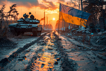 Ukrainian flag against the background of military equipment. Clear sunny day. - obrazy, fototapety, plakaty