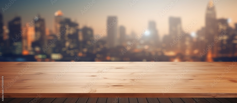 Poster empty wooden table with office background for product display montage