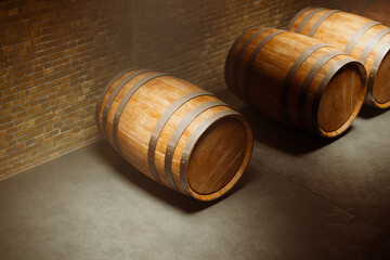 Antique Wooden Wine Barrels Resting in a Historic Cellar