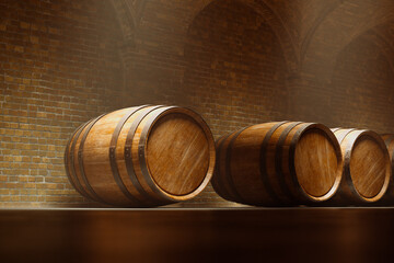 Time-Honored Wine Cellar with Aligned Wooden Barrels Amidst Brickwork
