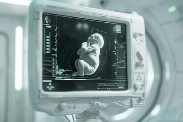 an ultrasound screen showing a fetus with a soft, radiant outline, for prenatal care.
