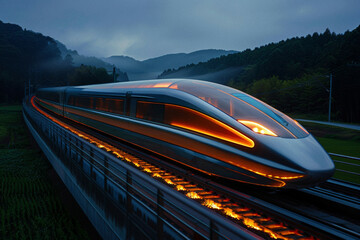 a high-speed maglev train passing through the countryside, its sleek design lit with underbody lighting to emphasize its speed and technology. - obrazy, fototapety, plakaty