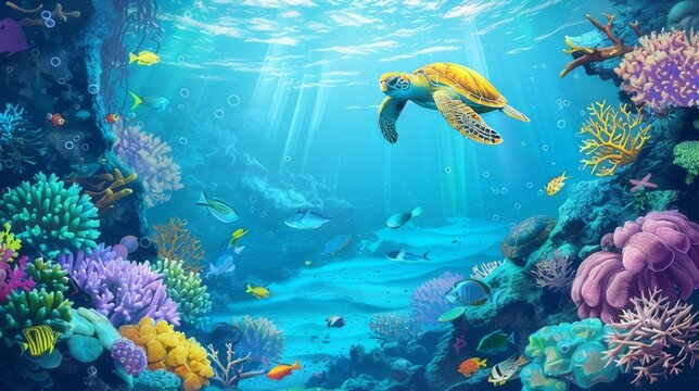  Yellow turtle, colorful coral reef, fishes and underwater cave on a blue sea. Ocean wildlife. Nature panoramic vector illustration 
