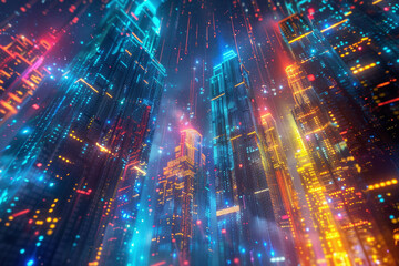 an urban skyline with neon digital enhancements on the buildings, showing energy consumption data in glowing overlays. - obrazy, fototapety, plakaty