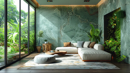 Natural sage green living home interior with plants and flowers. Contemporary villa's room among nature green plants.