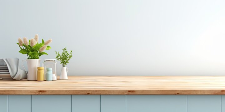 Light blue Scandinavian interior backdrop with a mock-up of a wooden kitchen table top.