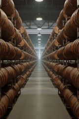 Symmetrical Stacks of Aged Wooden Barrels in Atmospheric Warehouse