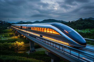 a high-speed maglev train passing through the countryside, its sleek design lit with underbody lighting to emphasize its speed and technology.