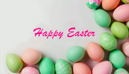 Fototapeta na wymiar Top view of Easter banner with pink and green Easter eggs and Happy Easter inscription and place for text on a light background created with generative ai