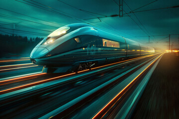 a high-speed maglev train passing through the countryside, its sleek design lit with underbody lighting to emphasize its speed and technology. - obrazy, fototapety, plakaty