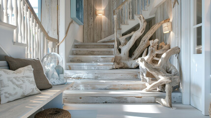 A beach house staircase with weathered driftwood railings and sandy-colored steps