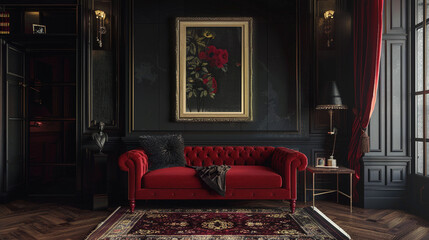 A bold crimson poster frame adds drama to a glamorous Hollywood Regency interior.