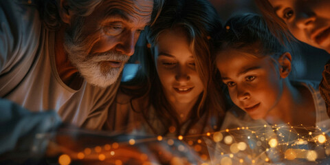 a multi-generational family with an interactive family tree displayed in glowing light above them, showing the digital lineage connection.