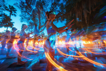 a yoga instructor leading a class in a park, with a subtle, glowing outline of energy pathways on the body, visible through ar glasses.