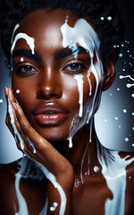 A Beautiful Afro Woman Covered in Milk and Cream as She Poses.