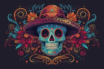 Fototapeta premium A sugar skull with vibrant colors and intricate designs wearing an elegant sombrero Generative AI