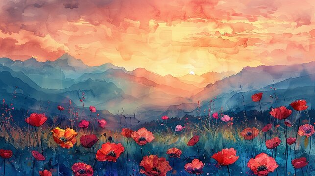 Watercolor painting of meadow with poppies and mountains at sunset. Digital watercolor painting. Printable wall art. Generative AI
