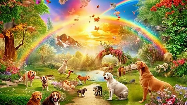 This is a pet's dream world with a beautiful Eden garden filled with heavenly sunshine, ethereal clouds, and rainbow bridges. It's like an afterlife for animals. AI-generatedThis is a pet's dream worl