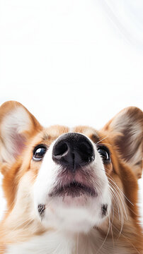 Portrait of a cute lovely Corgi on white background, emphasis on the nose. Space for text, Generative AI