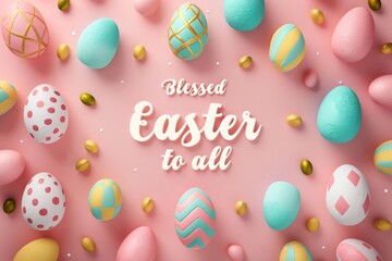 Fototapeta na wymiar Blessed Easter to All Quote decorated with Easter Eggs. This Easter Quote design is perfect for Easter greetings, cards, invitations, packaging, and backgrounds.