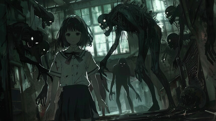 horror scenes, anime manga girls and monsters, school - obrazy, fototapety, plakaty