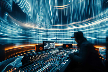 a music production studio with sound waves visualized and glowing around the artist as they mix tracks.