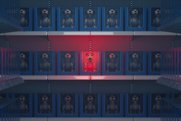 Red Robot Dog Stands Out Among Identical Blue Robotic Companions