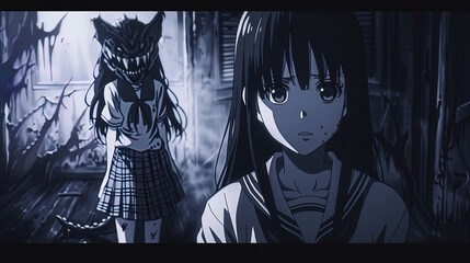 horror scenes, anime manga girls and monsters, school