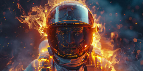 a firefighter with a digitally-enhanced visor displaying critical information, and a vibrant 3d glow tracing the outline of their fireproof suit.