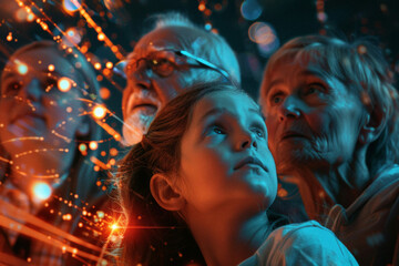 a multi-generational family with an interactive family tree displayed in glowing light above them, showing the digital lineage connection.