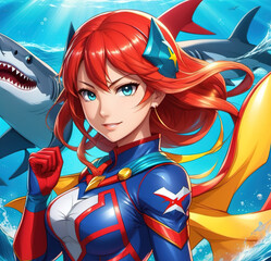 Cartoon superheroine girl - shark