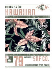 Vector illustration of lettering related to surfing and Hawaii in composition with floral. Art for printing on t-shirts, posters and etc...