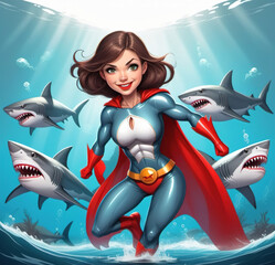 Cartoon superheroine girl - shark