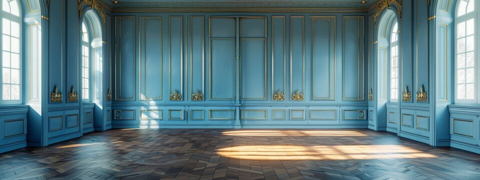 Luxury interior in gold and blue. Empty room in a palace.