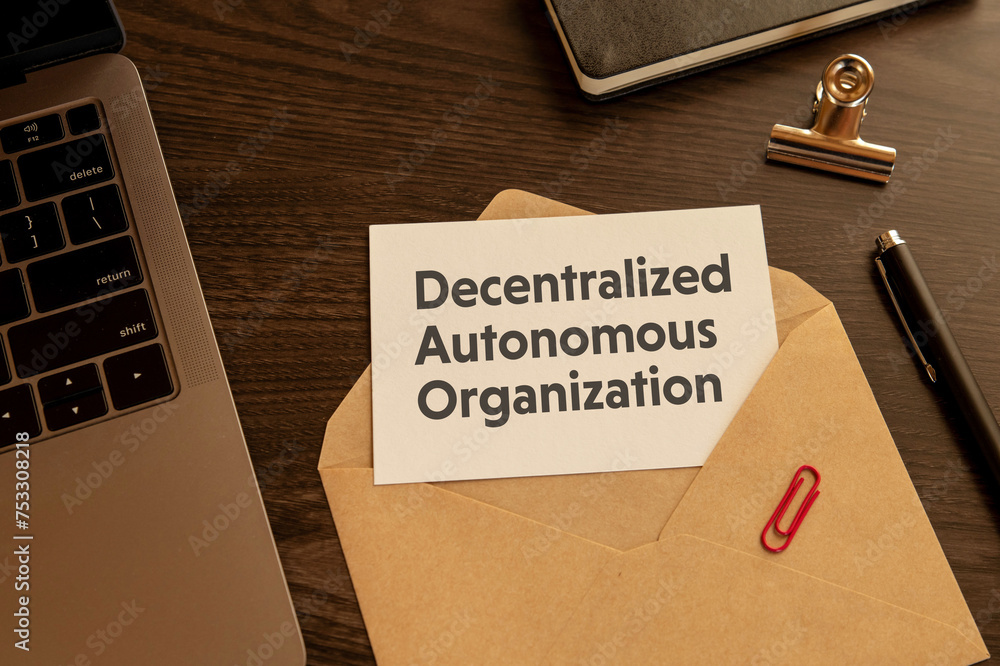 Poster there is word card with the word decentralized autonomous organization. it is as an eye-catching ima