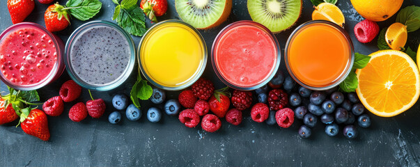 different colorful fruit juices in glasses top view 