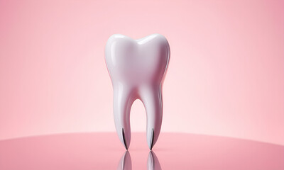 Healthy white teeth are smiling on pink background and dentist tools mirror, hook.