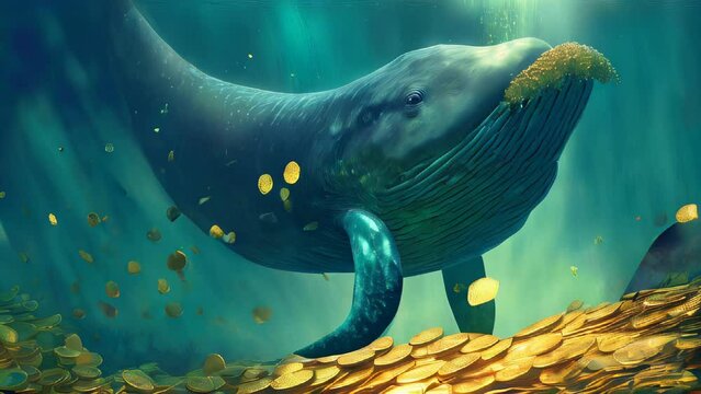 A big whale is eating thousands of golden Bitcoin coins underwater. Concept of speculative finance, crypto-bank exchanges, and big institutional crypto-investors buying the deep of Bitcoin.
