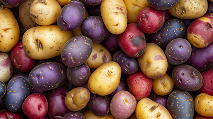 the earthy tones and intricate patterns of assorted heirloom potatoes, ranging from purple to yellow to red - obrazy, fototapety, plakaty